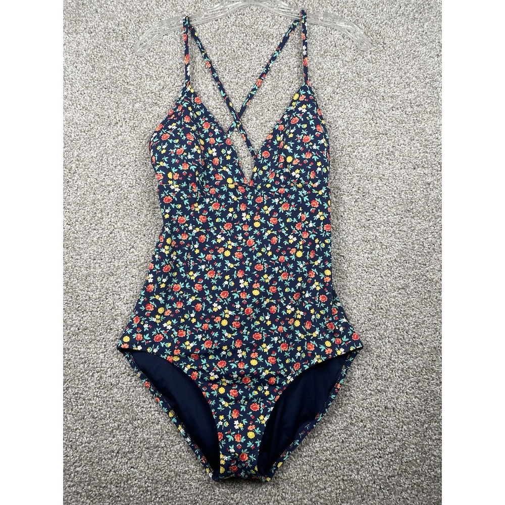 Lands' End Tugless Floral One Piece Swimsuit Adjustable Cross Tie Back Size 14